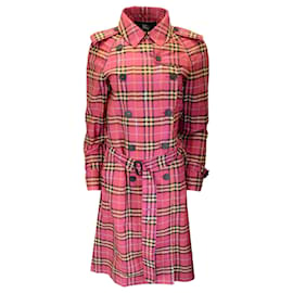 Autre Marque-Burberry Dark Pink Multi Belted Checkered Crinkled Silk Trench Coat-Pink