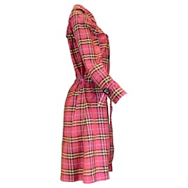 Autre Marque-Burberry Dark Pink Multi Belted Checkered Crinkled Silk Trench Coat-Pink
