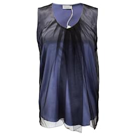 Autre Marque-Brunello Cucinelli Blue / Black Mesh Overlay Monili Beaded Detail Sleeveless Silk Blouse-Blue