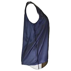 Autre Marque-Brunello Cucinelli Blue / Black Mesh Overlay Monili Beaded Detail Sleeveless Silk Blouse-Blue