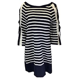 Autre Marque-Alberta Ferretti Navy Blue / White Striped Lace Trimmed Knit Dress-Blue