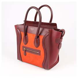 Céline-CELINE Vermillion Nubuck And Leather Mini Luggage Tote Bag-Dark red