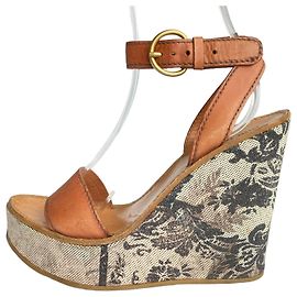 Miu Miu Brown Leather and Canvas Floral Wedge Sandals Brown