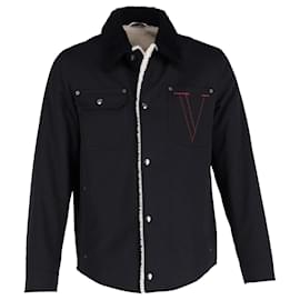 Valentino Garavani-Valentino Garavani Shearling-Collar Jacket in Black Wool-Black
