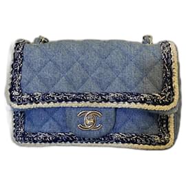 Chanel-Borsa a tracolla Chanel Rare Mini Small Denim Braid Classic Flap.-Argento,Bianco,Blu,Silver hardware