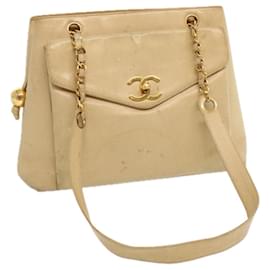 Chanel-CHANEL Chain Tote Bag Leather Beige CC Auth 69975A-Beige