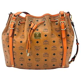 MCM-Bolsa de balde com cordão MCM, cor caramelo laranja, bolsa de ombro, bolsa transversal.-Conhaque