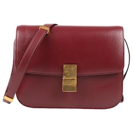 Céline-CELINE Box Calfskin Medium Classic Box Flap Bag in Burgundy-Dark red