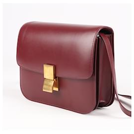 Céline-CELINE Box Calfskin Medium Classic Box Flap Bag in Burgundy-Dark red