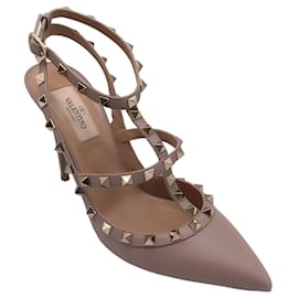 Autre Marque-Valentino Blush / Gold Rockstud Pointed Toe Caged Slingback Leather Pumps-Beige