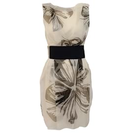 Autre Marque-Vera Wang Ivory Sleeveless Silk Organza Dress with Belt-Cream