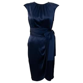 Autre Marque-Carolina Herrera Navy Blue Silk Dress with Tie at Waist-Navy blue