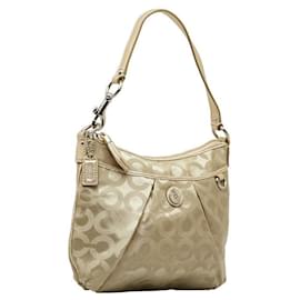 Coach-Sac à épaule en nylon et cuir Op Art Coach 45382 en excellent état-Beige