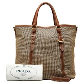Prada-Prada Canvas Leather Logo Jacquard Handbag in Good Condition-Brown