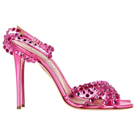 Aquazzura-Aquazzura Tequila Plexi Sandals 105 In pink leather-Pink