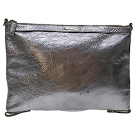 Saint Laurent-SAINT LAURENT Clutch Bag Leather Silver Auth yk11389-Silvery