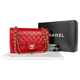 Chanel-Chanel piel de cordero acolchada 24Bolso mediano con solapa y forro K Gold-Roja
