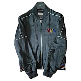 Yves Saint Laurent-Yves Saint Laurent bomber jacket with embroidered YSL logo-Black,White