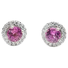 Tiffany & Co-TIFFANY & CO. Soleste Halo Pink Sapphire & Diamond Earrings in Platinum-Silvery,Metallic