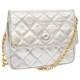 Chanel-CHANEL Chain Shoulder Bag Leather Silver CC Auth 69855-Silvery