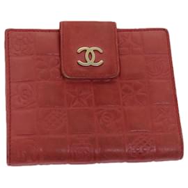 Chanel-CHANEL Icon Line Bifold Wallet Leather Red CC Auth ep3882-Red