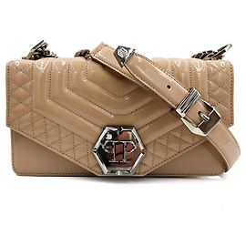 Philipp Plein Couro envernizado médio hexágono 2-Bolsa com aba Ways Bege Bege