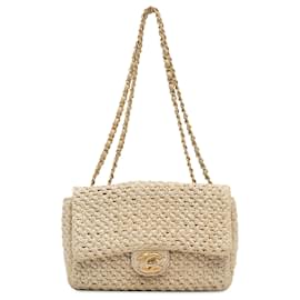 Chanel-Chanel Brown Medium Raffia Crochet Single Flap-Brown,Beige
