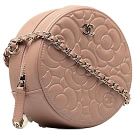 Chanel-Bolso de mano redondo con cadena y camelia de piel de cabra marrón Chanel-Castaño,Carne