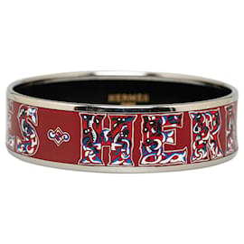 Hermès-Bracciale rigido smaltato Hermès rosso con alfabeto russo-Argento,Rosso