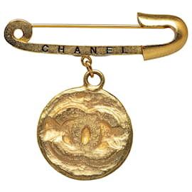 Chanel-Broche de costume médaillon CC doré Chanel-Doré