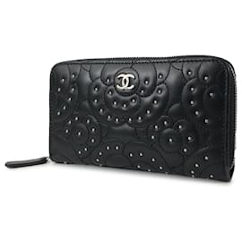 Chanel-Chanel Black Camellia Zip Around Wallet-Black