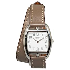 Hermès-Hermès Silver Quartz Stainless Steel Cape Cod Tonneau Watch-Brown,Silvery