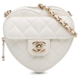 Chanel-Borsa a tracolla Chanel Mini CC in pelle di agnello bianca con cuore Love-Bianco