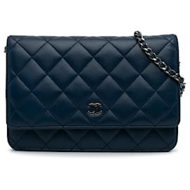 Chanel-Chanel Blue Classic Lambskin Wallet on Chain-Blue,Navy blue