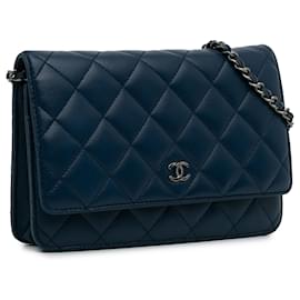 Chanel-Portafoglio Chanel classico blu in pelle di agnello con catena-Blu,Blu navy