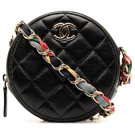 Chanel-Chanel Pochette rotonda con nastro in pelle di agnello trapuntata nera CC con catena-Nero