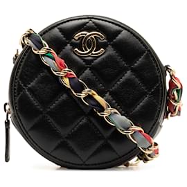 Chanel-Chanel Black CC Quilted Lambskin Ribbon Round Clutch With Chain-Black