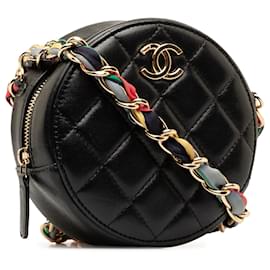 Chanel-Chanel Bolso de mano redondo con cinta de piel de cordero acolchada CC negra con cadena-Negro