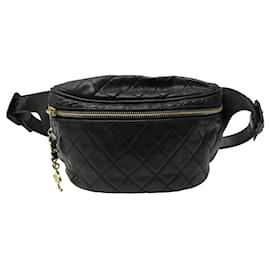 Chanel-VINTAGE CHANEL BELT BAG IN BLACK QUILTED LEATHER BELT FANNY BAG PURSE-Black