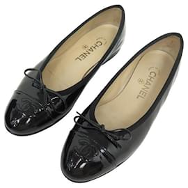 Chanel-NEW CHANEL BALLERINAS CC LOGO SHOES 37.5 IN PATENT LEATHER + SHOES BOX-Black