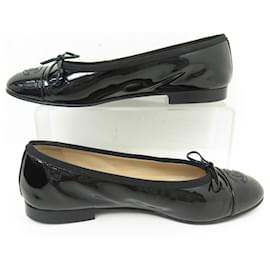 Chanel-NEW CHANEL BALLERINAS CC LOGO SHOES 37.5 IN PATENT LEATHER + SHOES BOX-Black