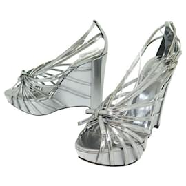 Dior-NEW DIOR SHOES WEDGE HEEL SANDALS 37 SILVER LEATHER SHOES-Silvery