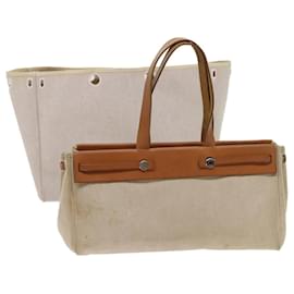 Hermès-HERMES Her Cabass GM Tote Bag Canvas Leather 2way Beige Brown Auth bs13205-Brown,Beige