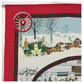 Hermès-HERMES CARRE 90 BULL�•MOUTH WESTERN COACH OFFICE Scarf Silk Red Auth am5972-Red