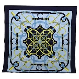 Hermès-HERMES CARRE 90 Eperon d'Or Scarf Silk Navy Auth mr068-Navy blue