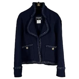 Chanel-Neue Paris / Salzburg Kettentrimm Tweed Jacke-Marineblau