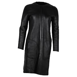 Céline-Celine Collarless Coat in Black Lambskin Leather-Black
