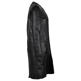 Céline-Celine Collarless Coat in Black Lambskin Leather-Black