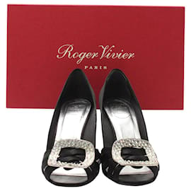 Roger Vivier-Roger Vivier Embellished Buckle Peep-Toe Pumps in Black Satin-Black