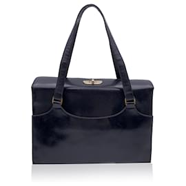 Gucci-sac à main à soufflets en cuir noir vintage avec poignées supérieures-Noir